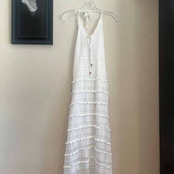 New SOLITAIRE White Crochet Knit Maxi Dress Lightweight Halter 100% Cotton NWT - Picture 6 of 7